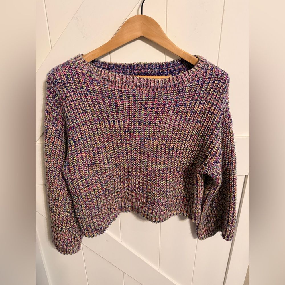 Soho Multi Color Glitter Thread Crop Bell Sleeve Sweater Womens XS USA Made